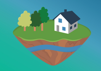 A home surrounded by trees with a cutaway of the ground showing soil and the water saturation zone (aquifer)
