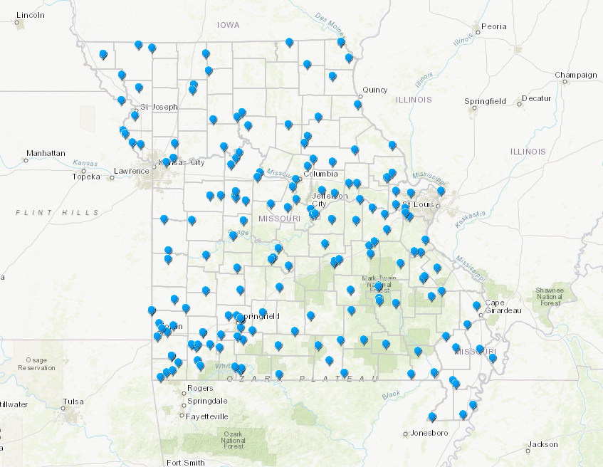 Missouri map with county lines and pins indicating locations of Missouri Groundwater Observation Wells 